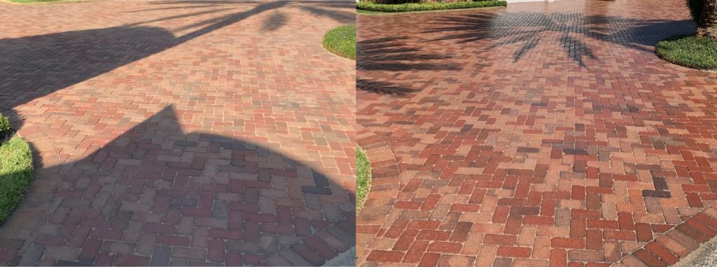 Before and after of a restored paved patio area.